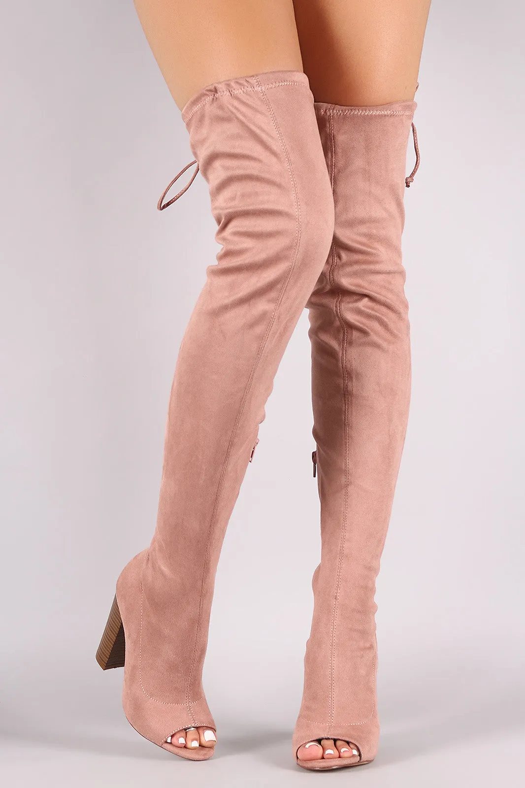 Suede Drawstring-Tie Chunky Heeled Over-The-Knee Boots