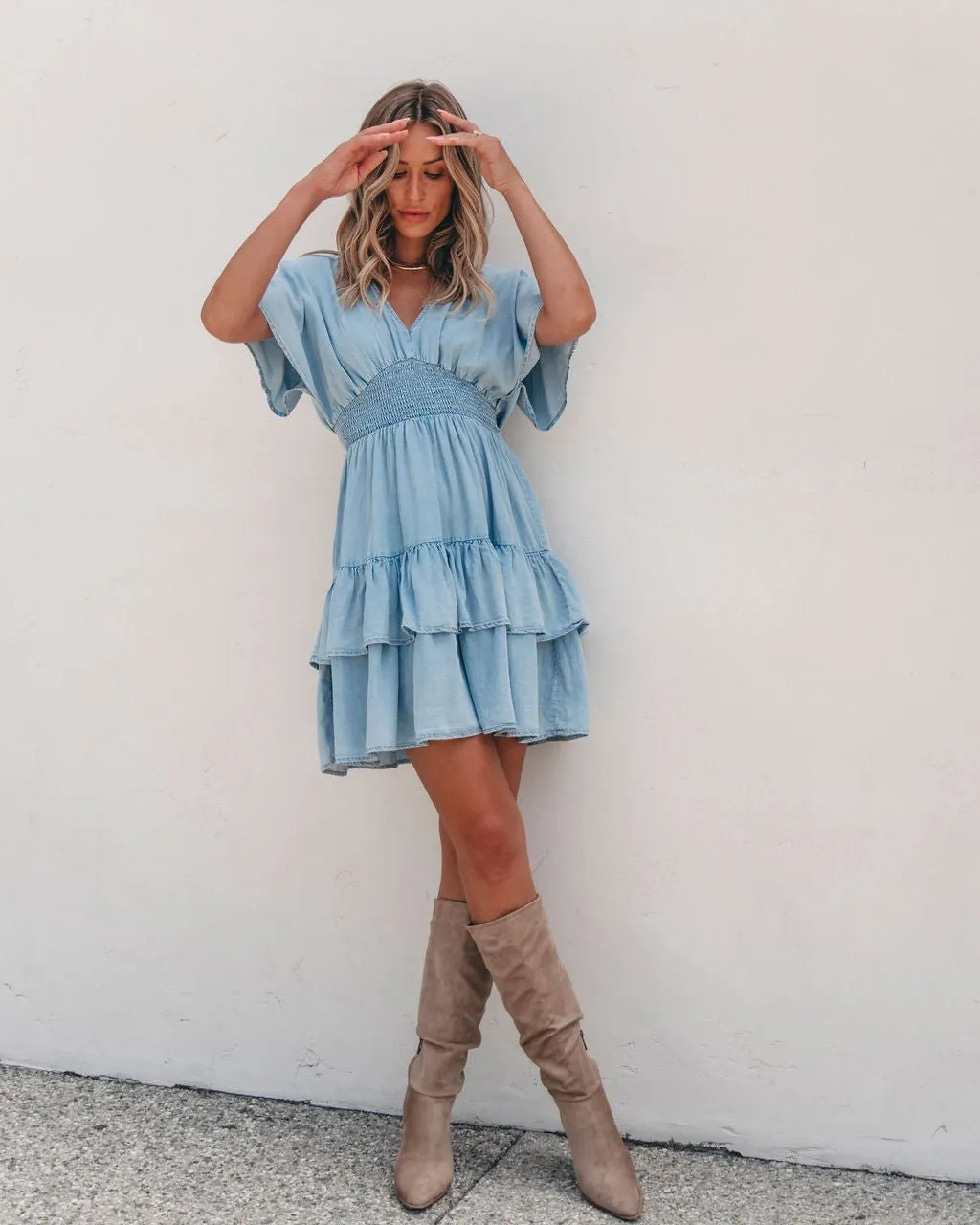 Sylvie Smock Tiered Mini Dress - Chambray - FINAL SALE