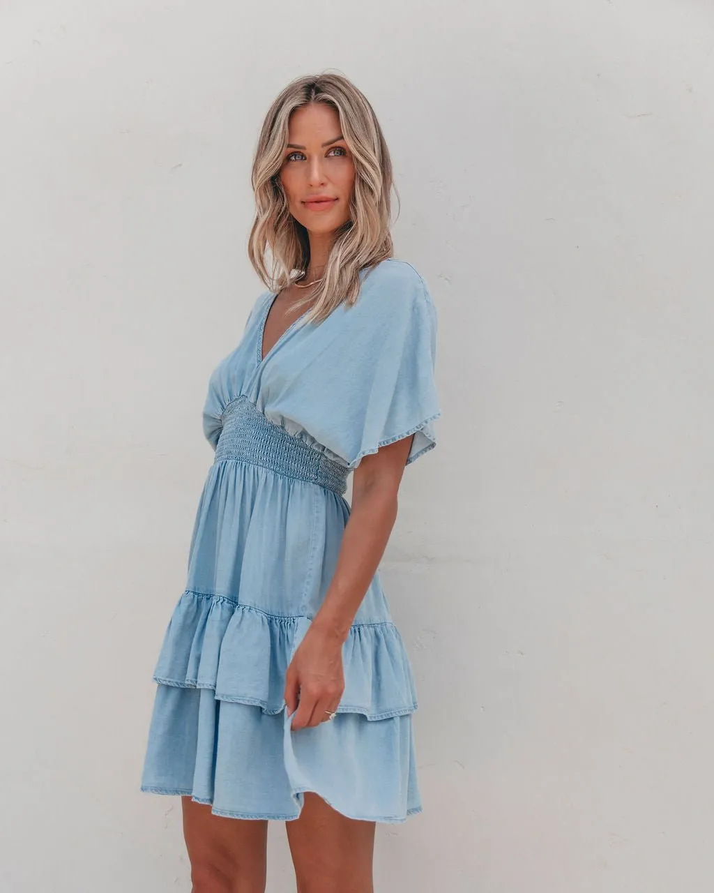 Sylvie Smock Tiered Mini Dress - Chambray - FINAL SALE