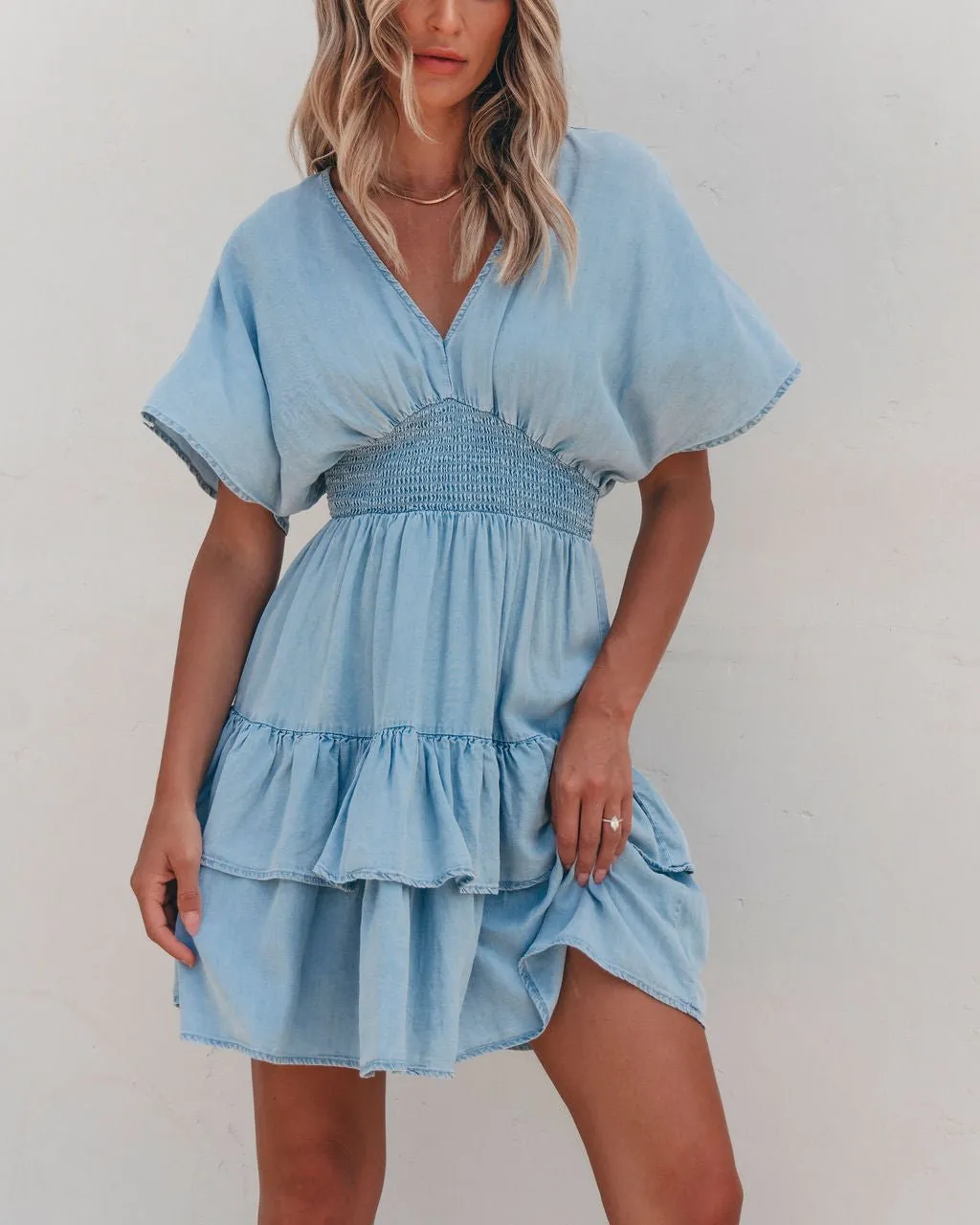 Sylvie Smock Tiered Mini Dress - Chambray - FINAL SALE