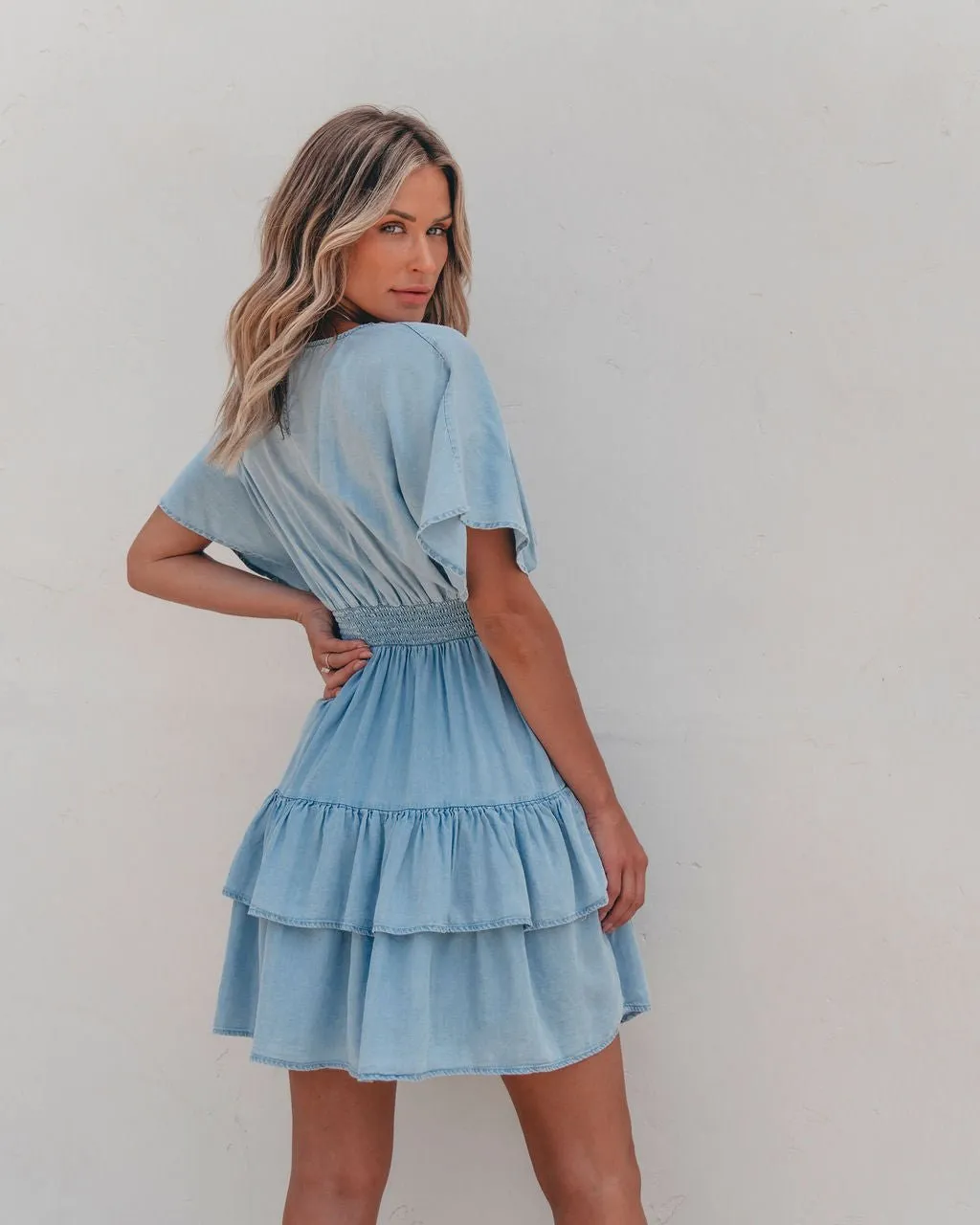 Sylvie Smock Tiered Mini Dress - Chambray - FINAL SALE