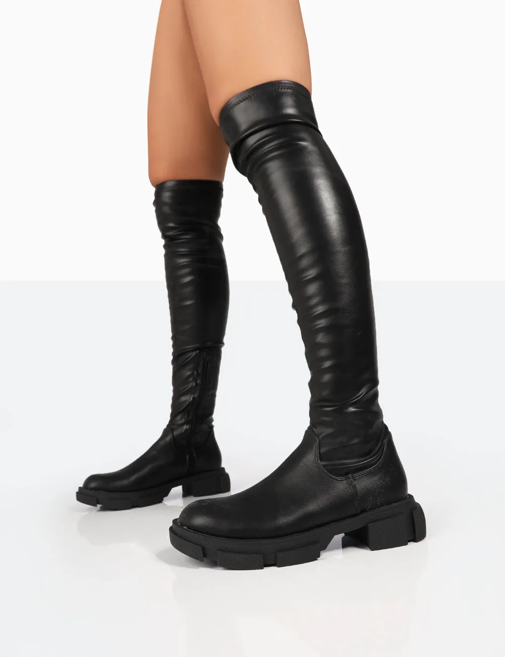 Take Chances Black PU Chunky Sole Knee High Boots