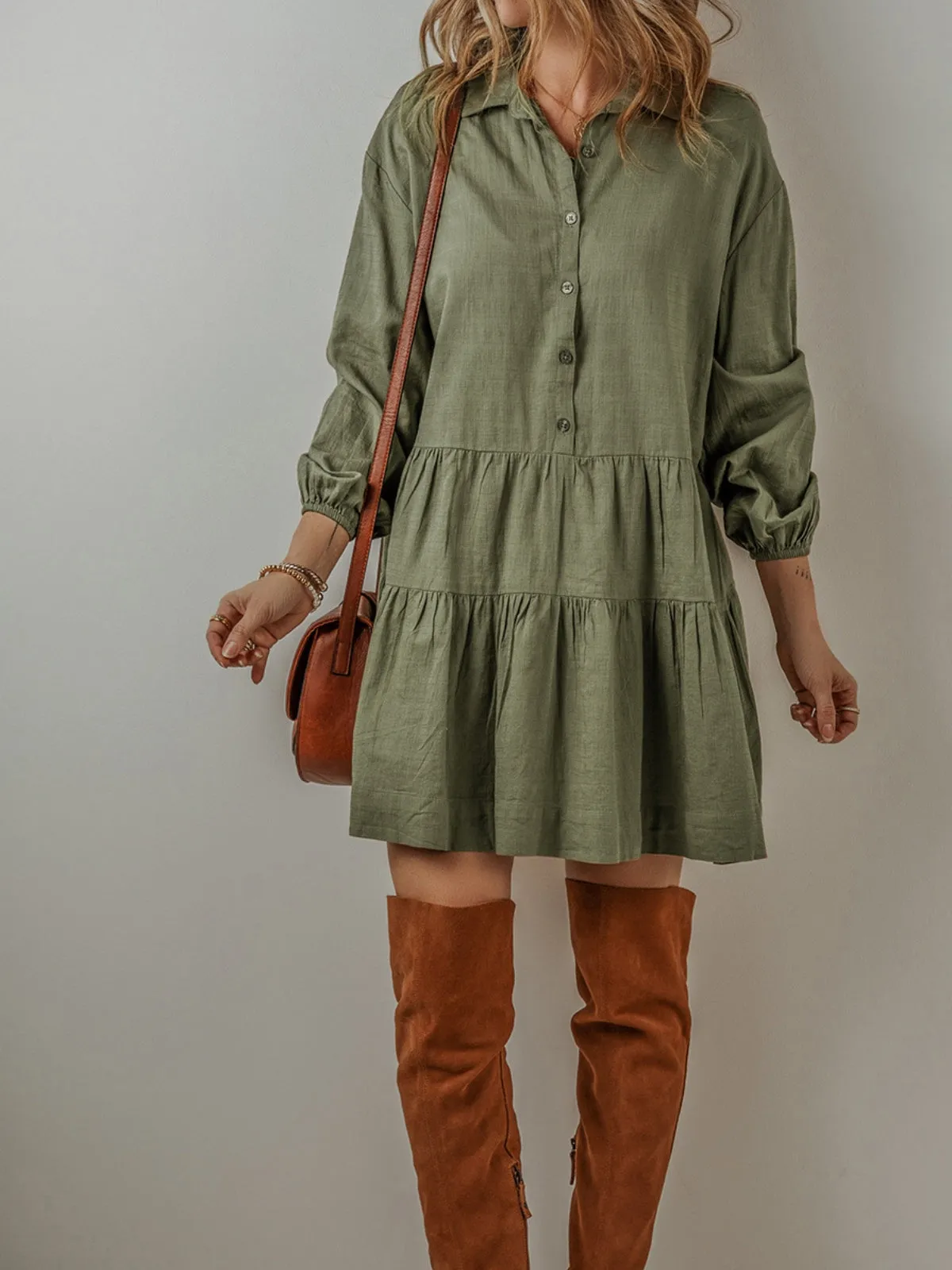 Womens Olive Puff Sleeve Tiered Button-Up Tunic Dress